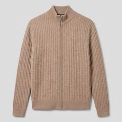 Sand merino kabel cardigan med lynlås