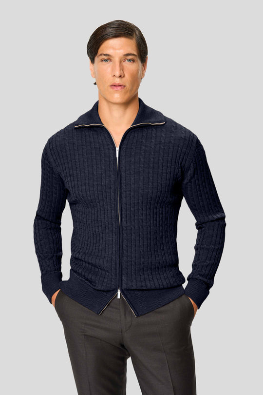 Navy merino kabel cardigan med lynlås