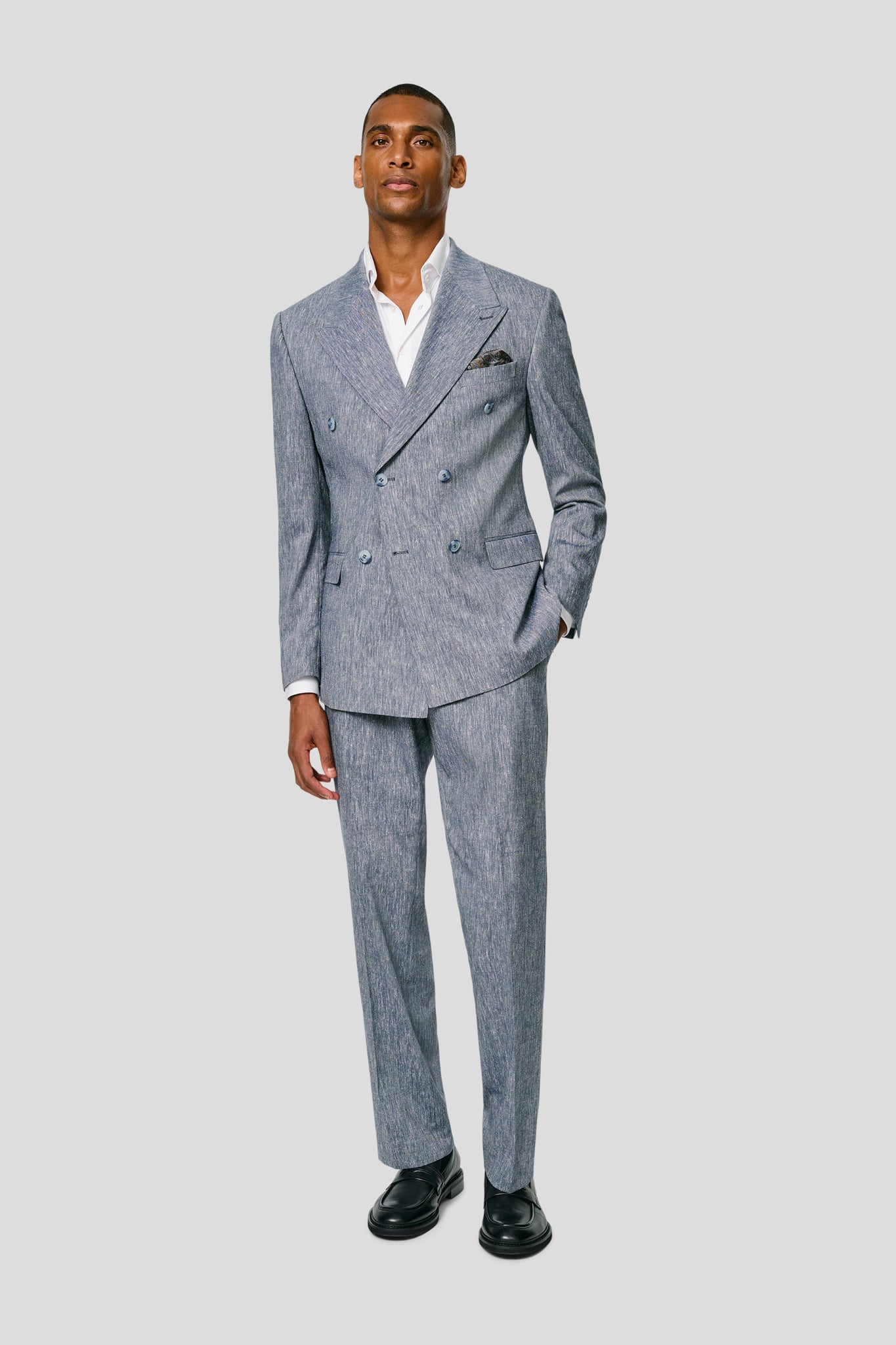 PRESTIGE blåt dobbeltradet hørjakkesæt PRESTIGE