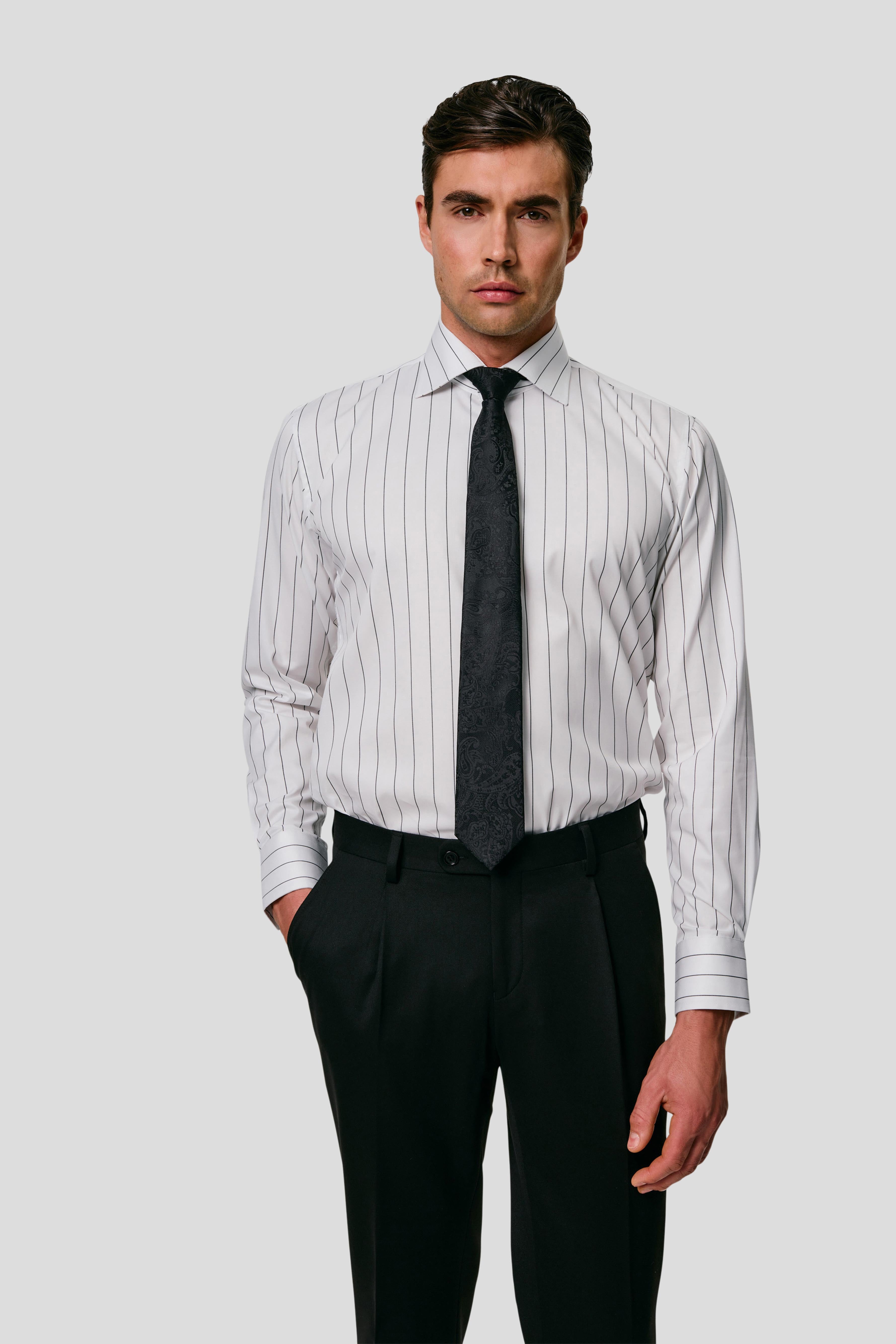 Signatur poplin skjorte hvid slim med sorte striber Shirtmakers