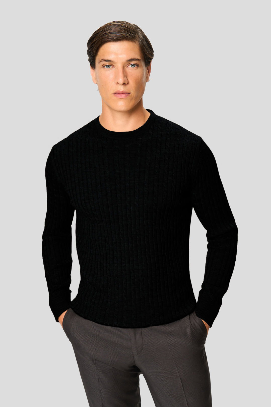 Sort merino crew neck kabel