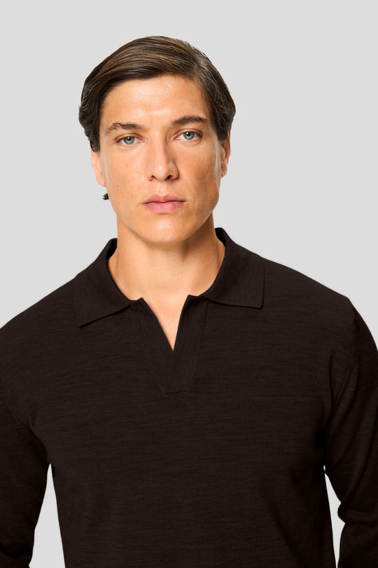 Braunes Merino-Langarm-Poloshirt