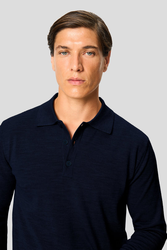 Navy merino langærmet polo med knapper