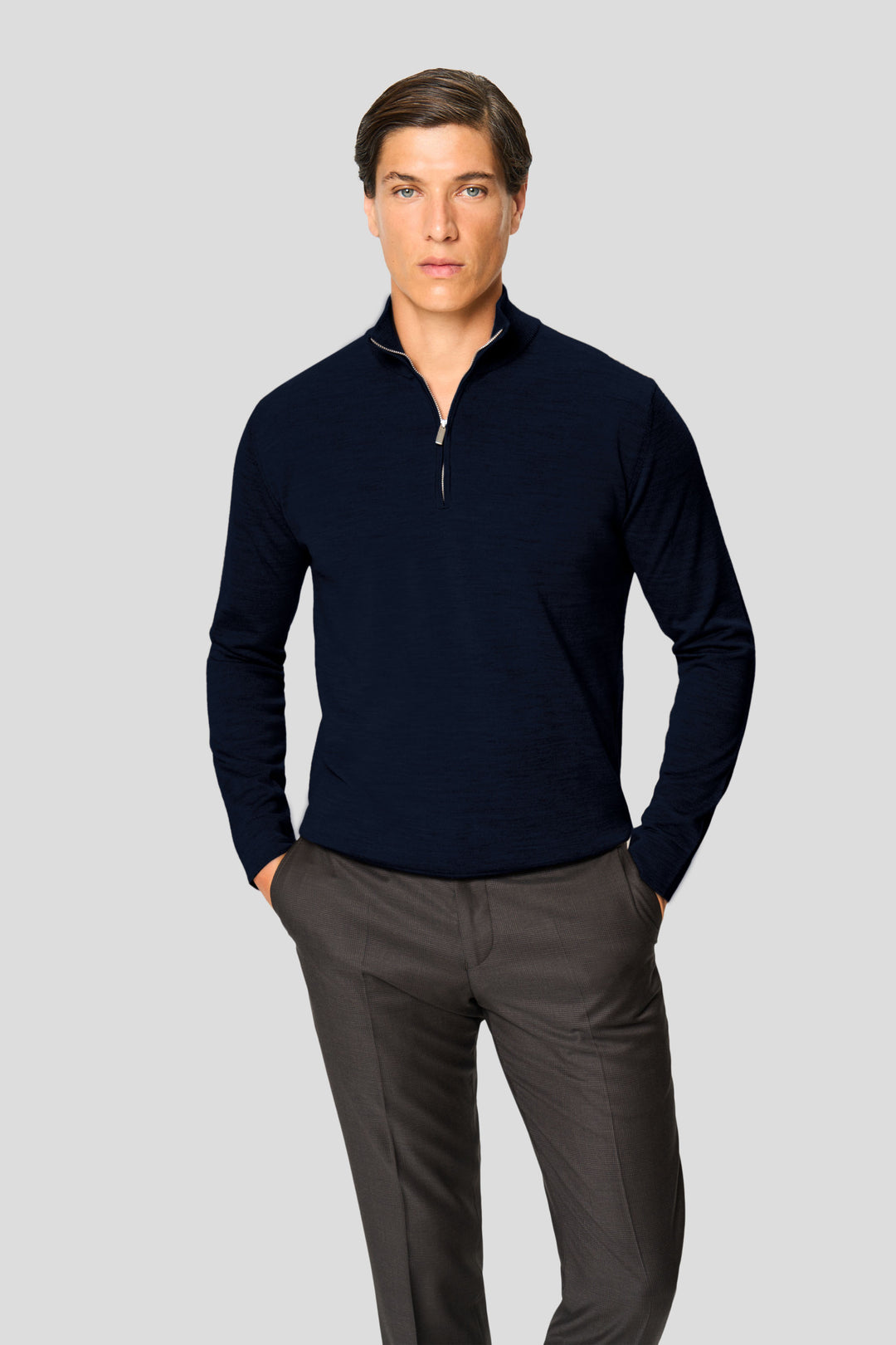 Navy merino quarter-zip striktrøje