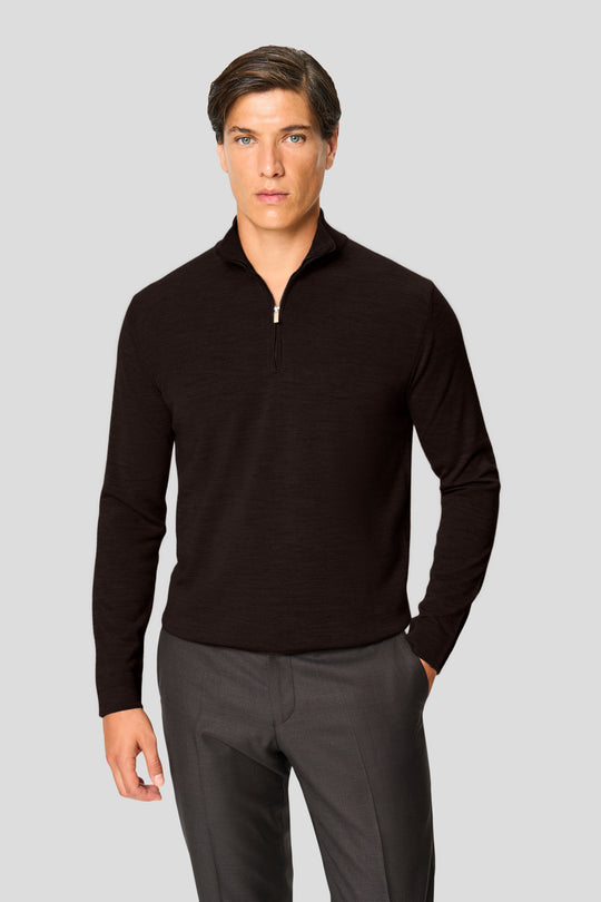 Brauner Merino-Quarter-Zip-Strickpullover