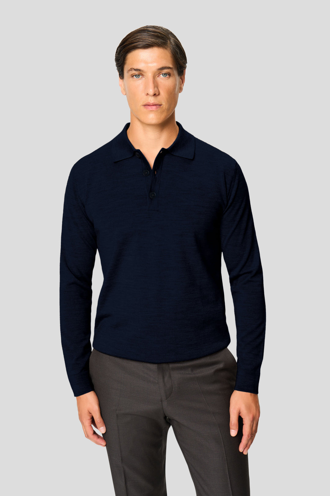 Navy merino langærmet polo med knapper