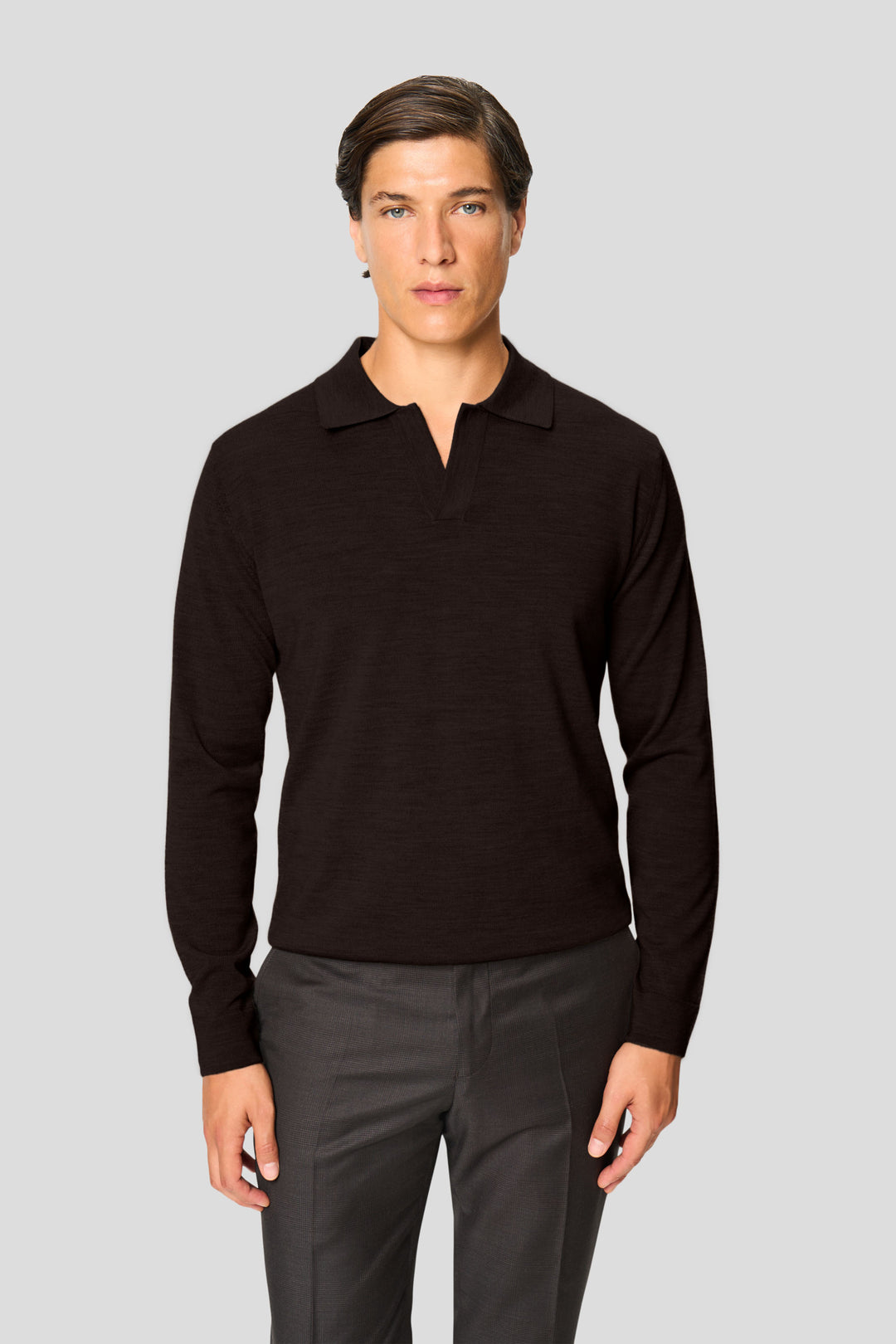 Brun merino langærmet polo