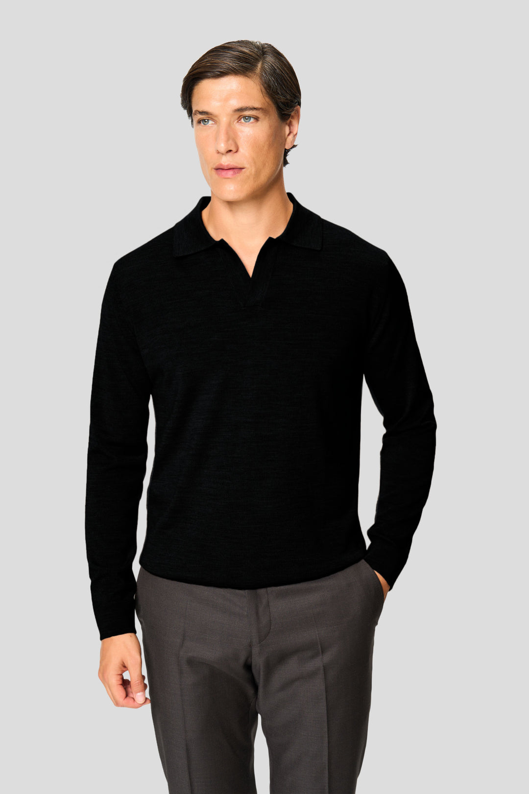 Sort merino langærmet polo