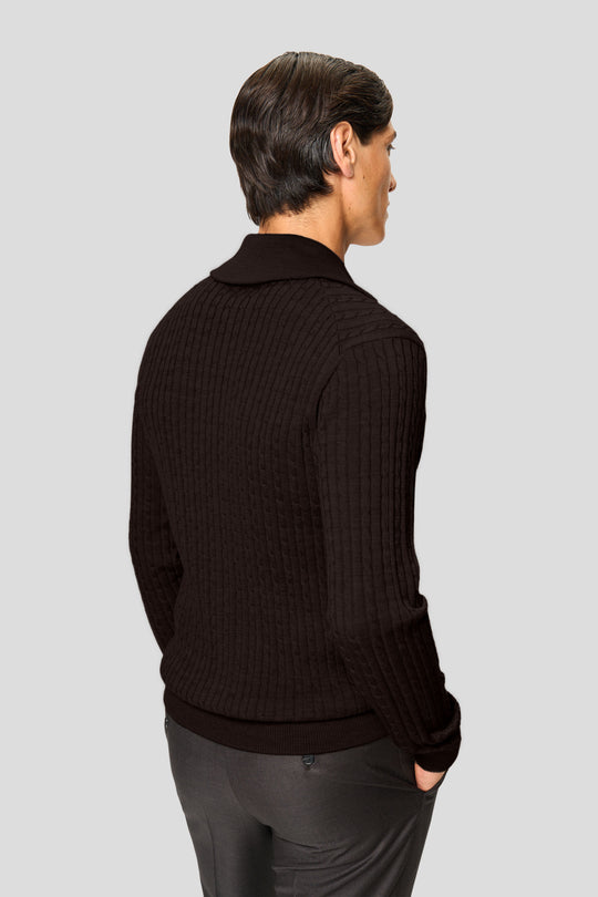 Brun merino kabel cardigan med lynlås