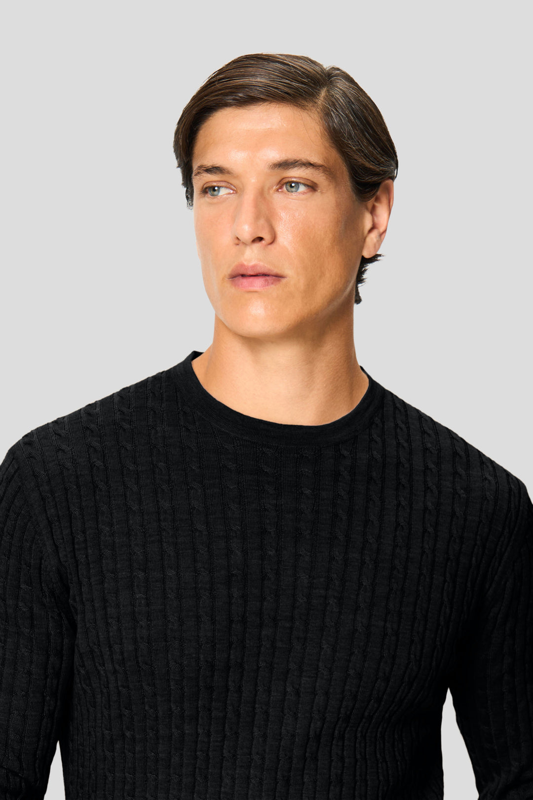 Sort merino crew neck kabel