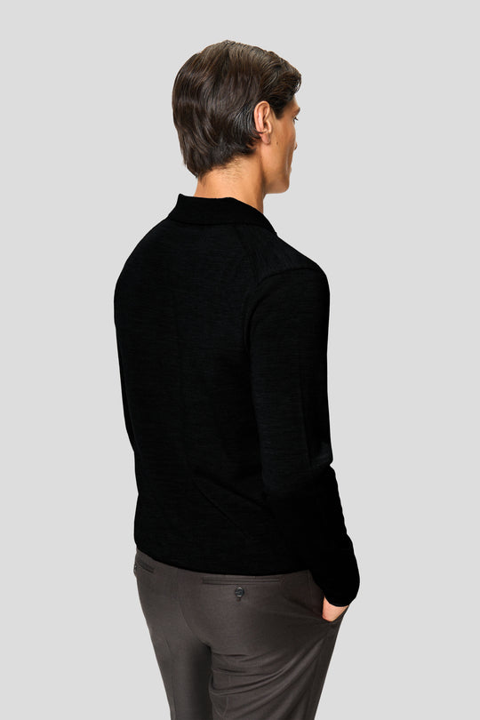 Sort merino langærmet polo med knapper