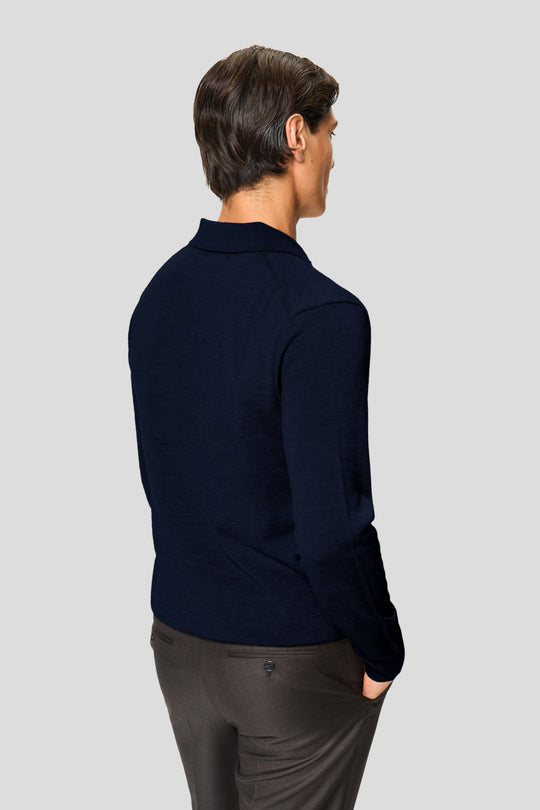 Navy merino langærmet polo med knapper