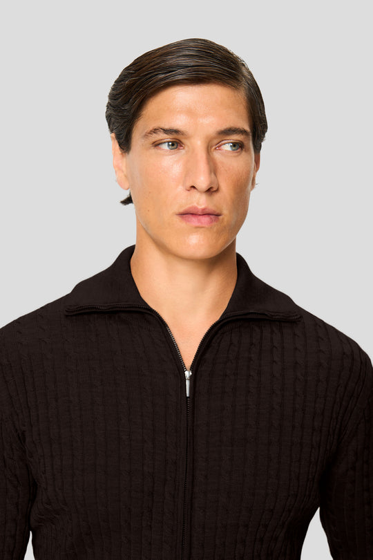Brauner Merino-Zopfcardigan mit Reißverschluss