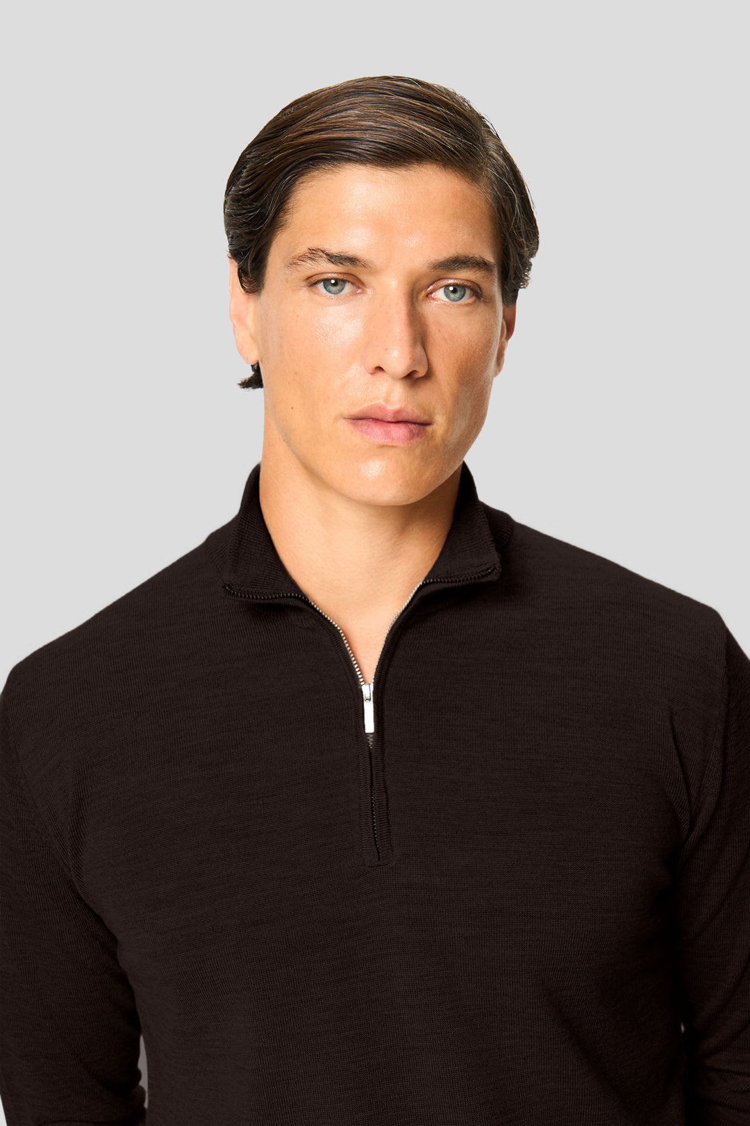 Brun merino quarter-zip striktrøje