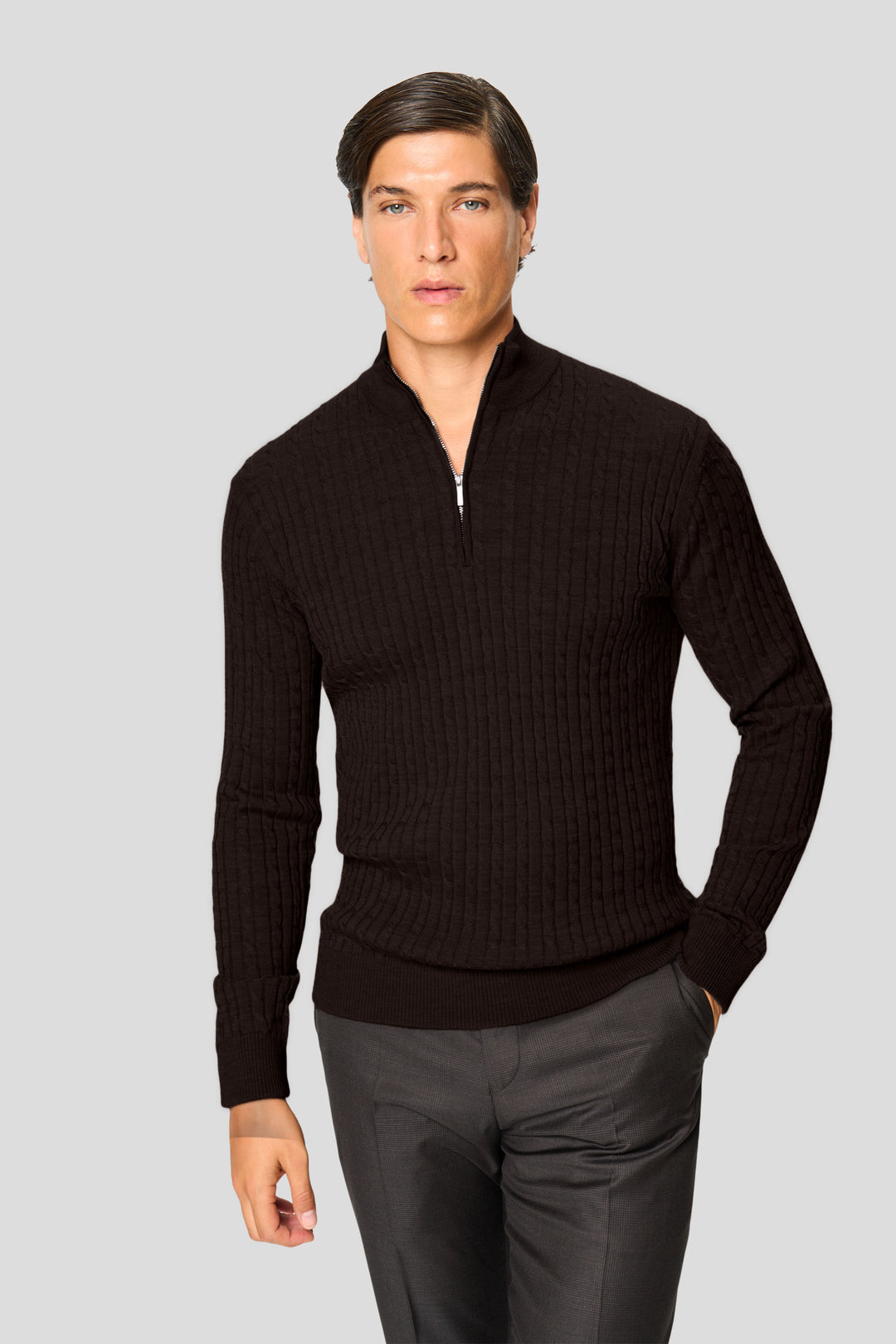 Brun merino quarter-zip kabel striktrøje