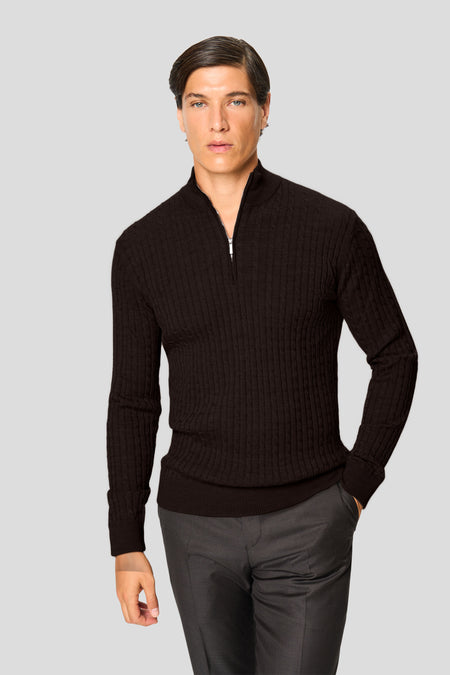 Brun merino quarter-zip kabel striktrøje