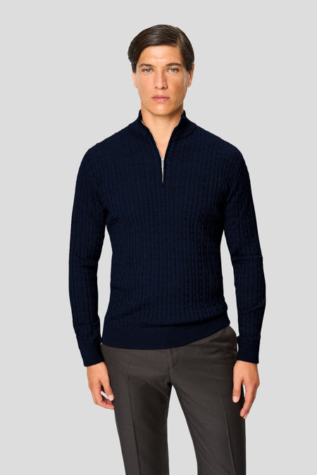 Navy merino quarter-zip kabel striktrøje