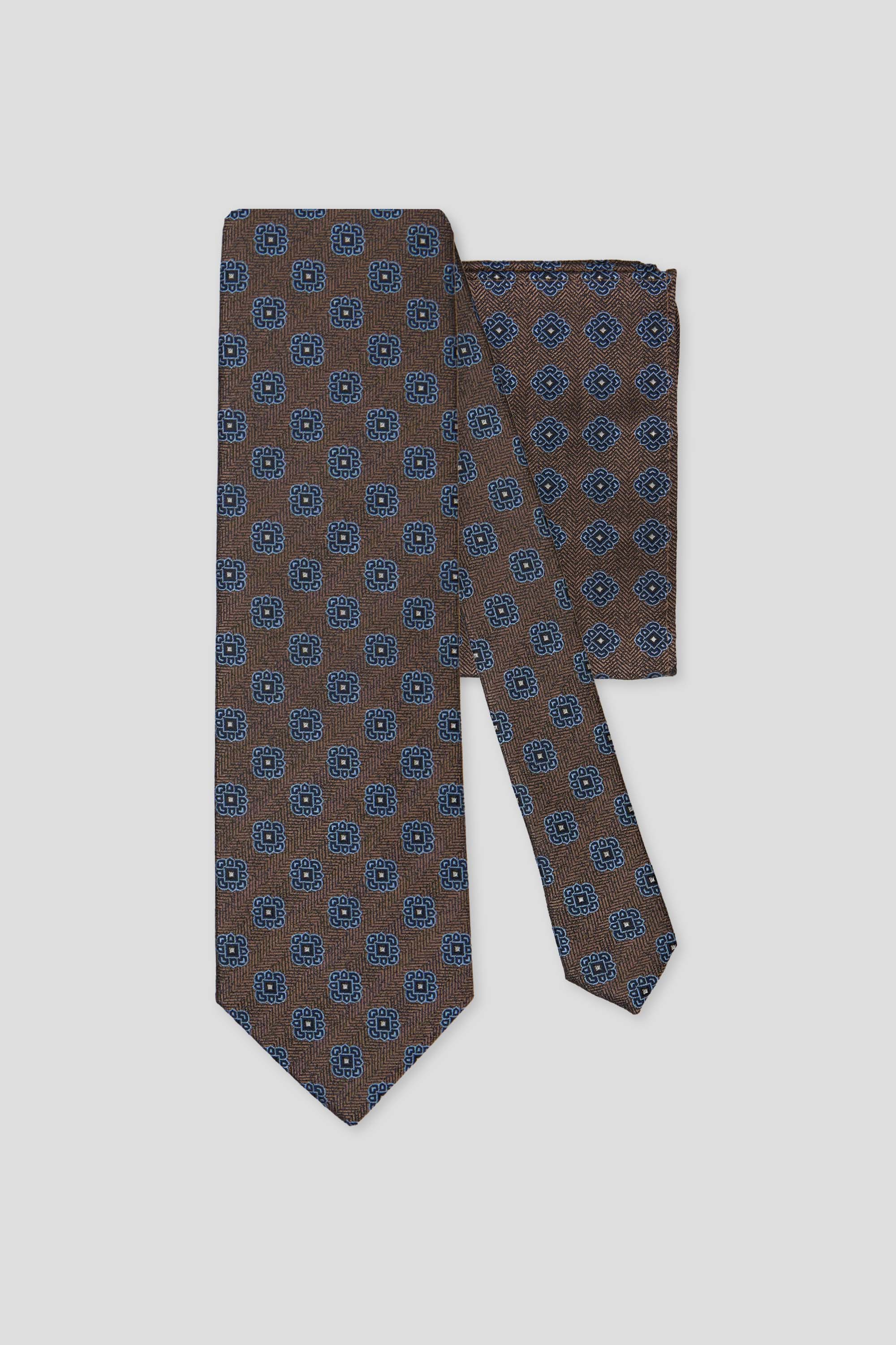 Slips og lommekluds pakke (Brunt og blåt blomstret i silke) suitclub.dk