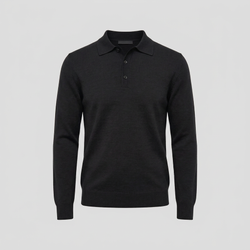 Sort merino langærmet polo med knapper